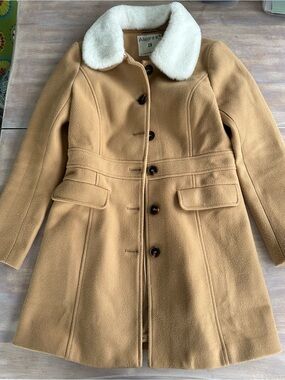Cozy fall 🍂 Allegra K Camel Pea Coat with White Faux Fur Collar